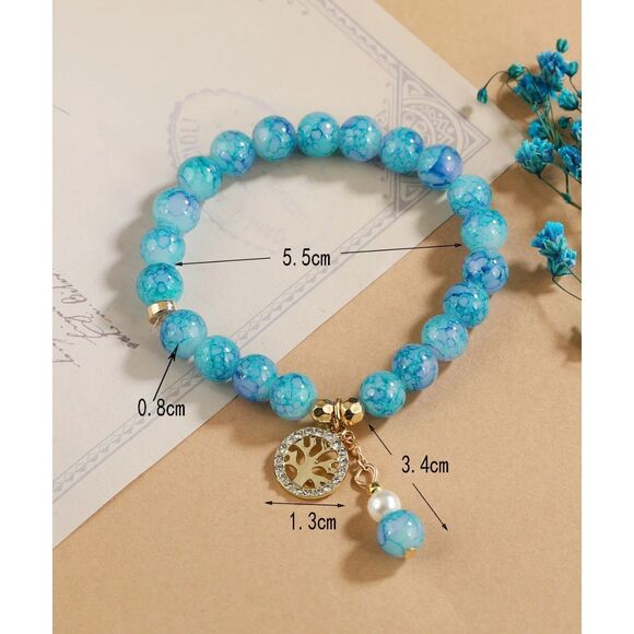Handmade Blue Apatite Stretch Beaded Bracelet Gold Tree of Life Charm Jewelry - Picture 4 of 5